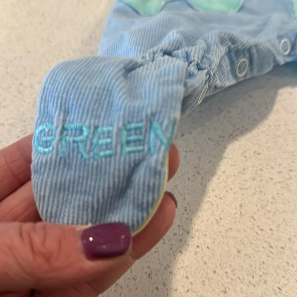 Vintage baby boys overalls plane green and blue embroidered on foot 0-6 months